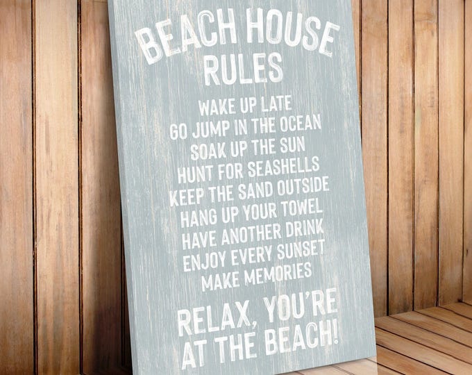 Beach House Rules Sign, Smoke Gray Blue Coastal Wall Art, White Typography Print