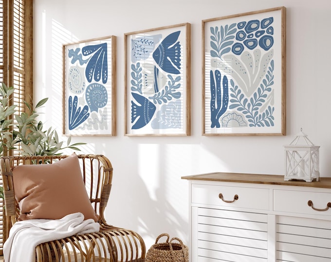 Under the Sea Art, Coral Seaweed Reef Triptych White Coastal Wall Set