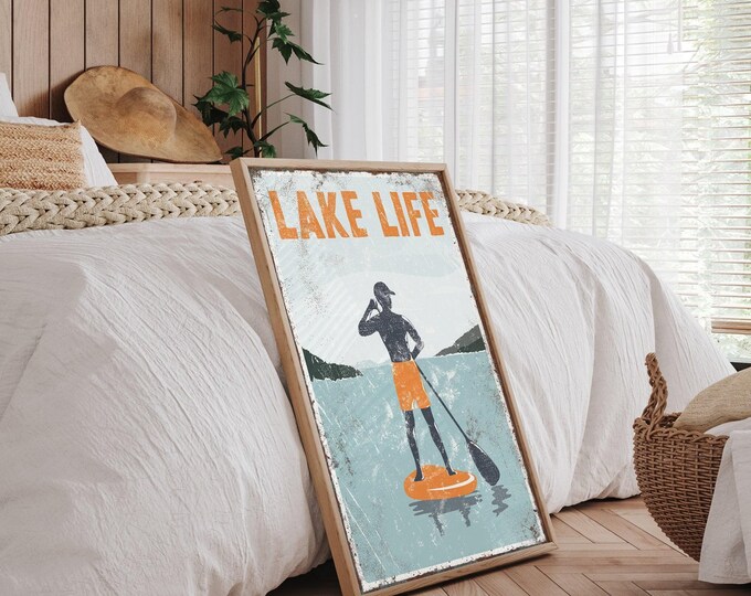 Lake Home Wall Art, Lake Life Paddleboarder Print, Orange Teal Mountain Water Scene