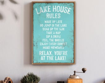 Vacation Rental Sign, Lake House Rules Aqua Blue Wall Art, Cabin Guest Gift