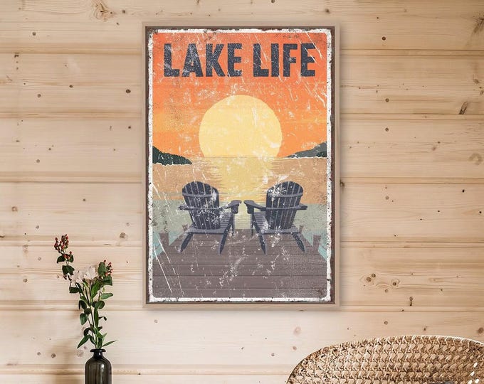 sunset LAKE LIFE poster with Adirondack chairs on the dock, for vintage lake house decor, modern farmhouse lake signs, canvas lake prints