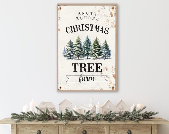 Vintage Christmas Tree Sign, Snowy Boughs Christmas Tree Farm, Antique White Christmas Decor, Canvas Wall Art with Faux Rusty Screws