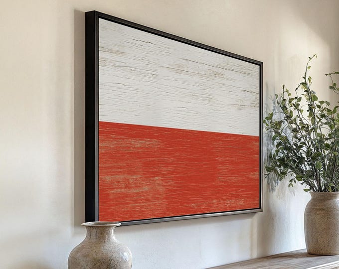 Distressed Flag Art, Chalky White Over Brick Red Print, Weathered Heritage Home Decor