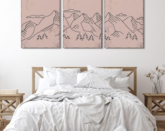 Abstract Mountain Triptych, Shell Pink Lodge Cabin Decor, Office Wall Art