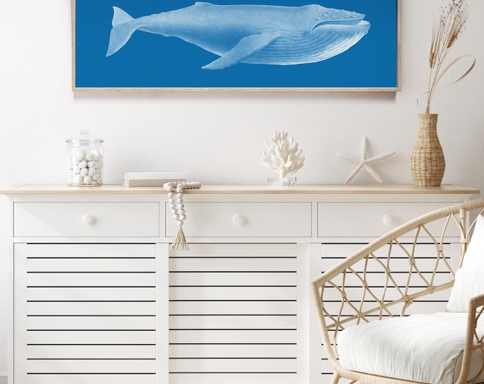 Vintage Blue Whale Poster - Long Skinny Nautical Wall Decor
