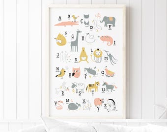Safari Nursery, Nursery Wall Art, Gift For New Mom, Cute Alphabet Sign, Zoo Themed Canvas, Baby Room Decor, Peach And Gold Palette
