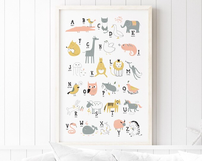 Safari Nursery, Nursery Wall Art, Gift For New Mom, Cute Alphabet Sign, Zoo Themed Canvas, Baby Room Decor, Peach And Gold Palette