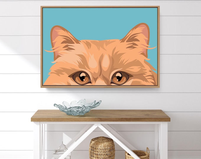 Peekaboo Cat Canvas, Pop Art Poster, Colorful Print, Large Framed Poster, Bright Feline Wall Decor, Horizontal XL Art, Fluffy Orange Cat
