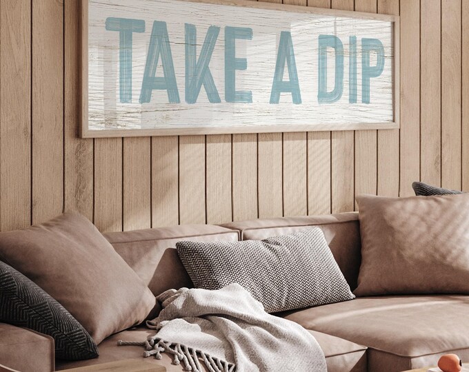 Take A Dip, Tide Blue Lettering, Whitewashed Skinny Patio Wall Art, Gift For Swimmers