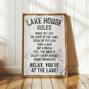 Lake House Rules Sign Vintage, White Black Lake Canvas, Coastal Decor, Unique Wall Hanging, Vacation Rental Gift, Maple Wood Frame