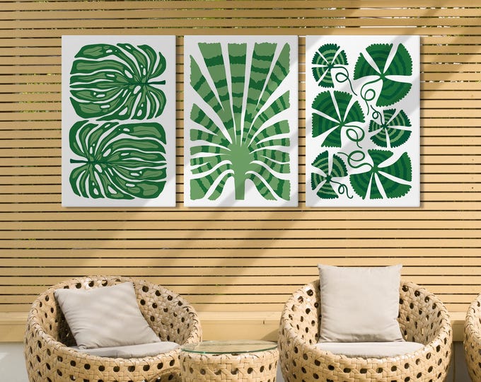 Lush Tropical Leaf Art, Green Jungle Botanical Print, Boho Three Panel Wall Set