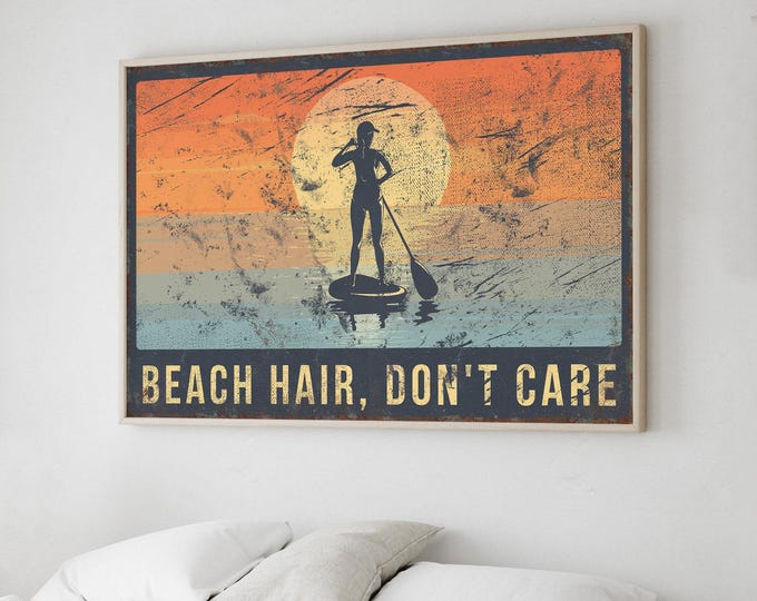 Beach Sunset, Art For Above Bed, Girl On Paddleboard, Vintage Coastal Print, Large Canvas Wall Art, Paddleboard Decor, Serene Ocean Scene