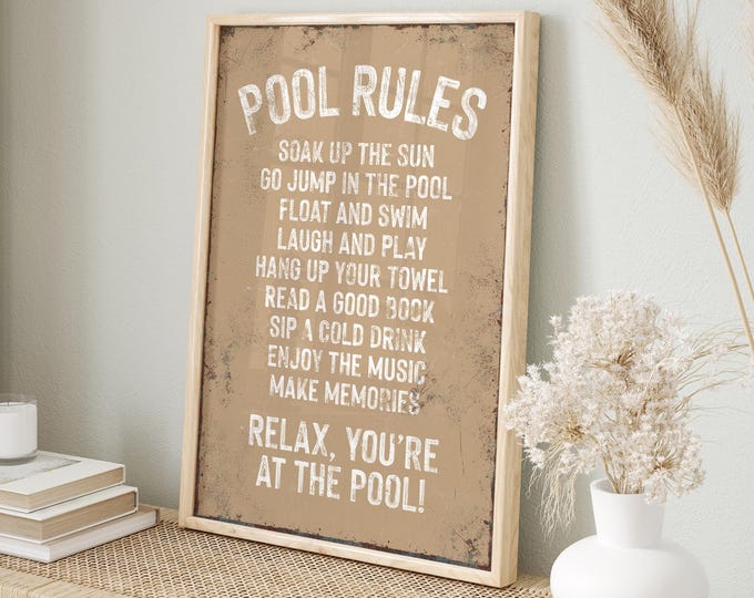 Pool Rules Sign: Retro Style, Beige Aluminum - Outdoor Wall Art