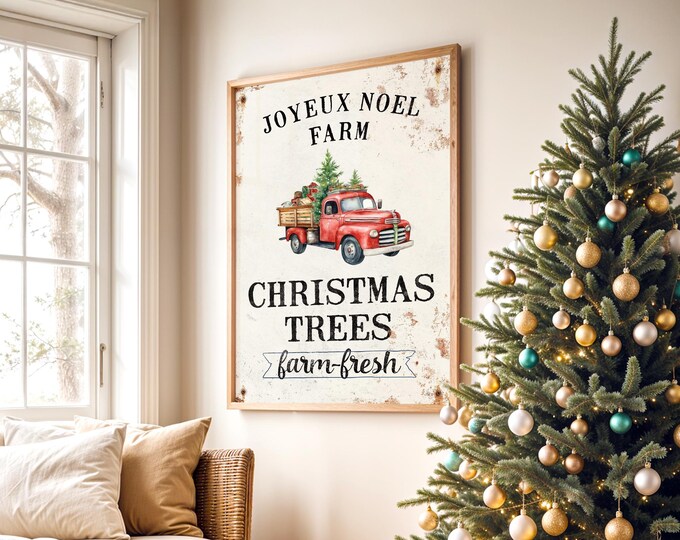 Rustic Christmas Sign: Vintage Red Truck with Joyeux Noel