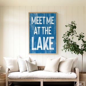 Meet Me at the Lake Sign, Ocean Blue, Vintage Lake Poster Printed on Canvas, Retro Lake House Decor, Lake Gift for Her