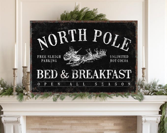Black Sleigh Sign, North Pole Bed and Breakfast with Flying Reindeer in Cream White