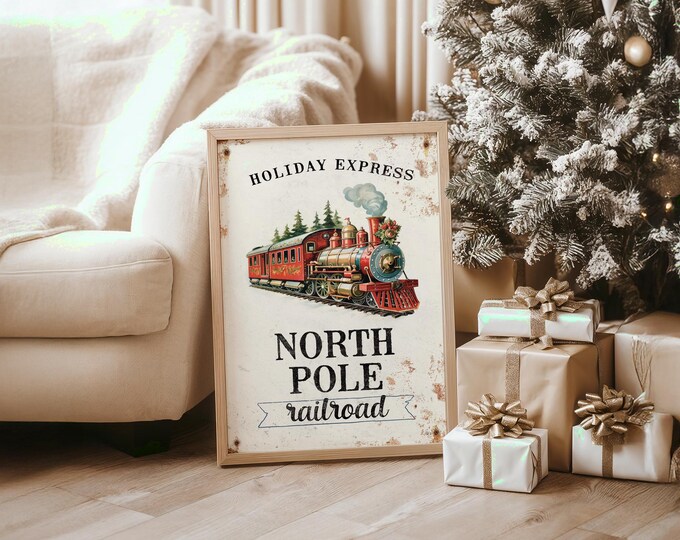 North Pole Art, Holiday Express Railroad Sign with a Vintage Red Steam Engine on Cream
