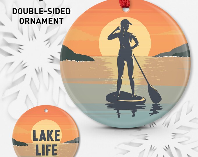 LAKE LIFE Sunset Ornament with Woman on Paddleboard {01} • Ceramic Porcelain or Shatterproof Aluminum, Double-Sided Christmas Ornament