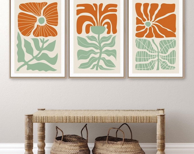 Framed Triptych Set, Three Piece Wall Art, Beachhouse Gift Idea, Abstract Flower Mural Panels, Modern Home Decoration, Vintage Floral Blocks