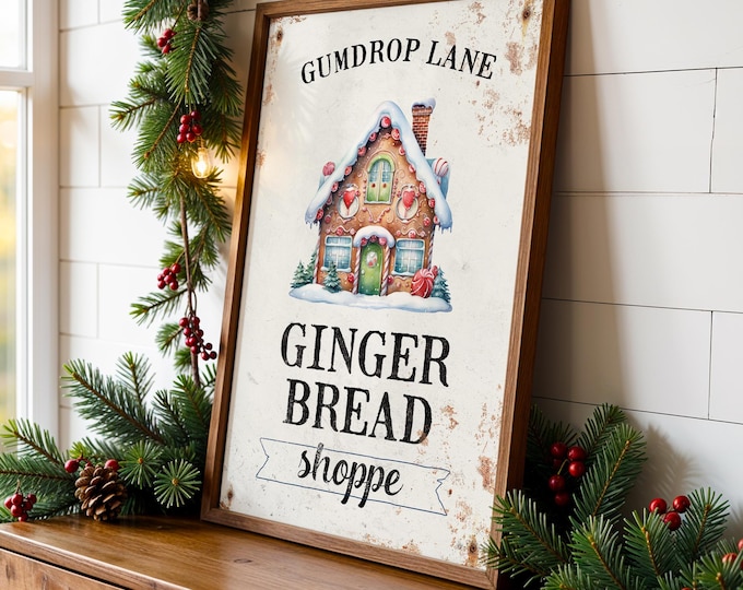 Gingerbread Shop Sign: Cozy Vintage Christmas - Rustic White Frame