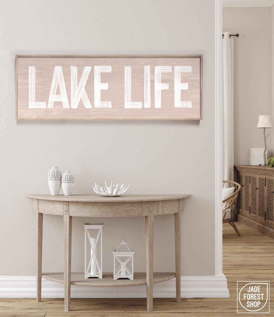 Vintage Lake Life Wall Art in Shell Pink Faux Weathered Wood Lake House