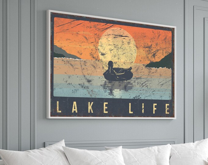 Woman on Tube Sunset Lake Life Wall Art in Coral and Teal, Living Room Gift