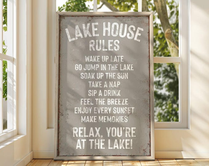 Vacation Home Decor, Lake House Rules Sign, Weathered Silver Wall Art, Cabin Gift