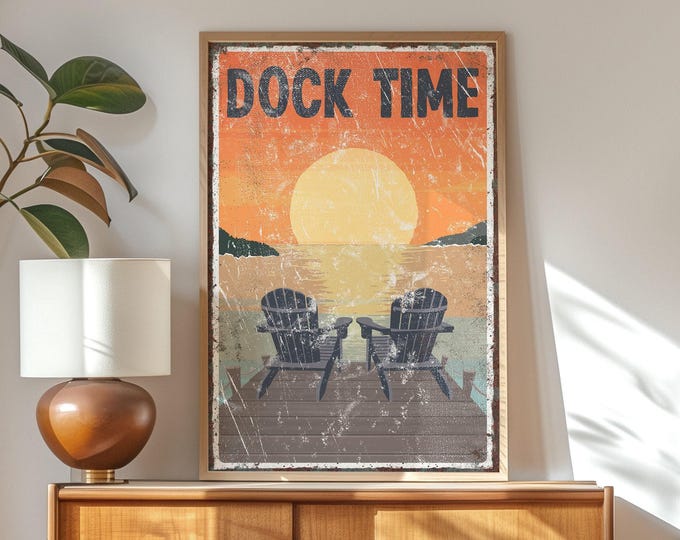 Sunset Dock Time Poster, Adirondack Chairs, Vintage Lake Scene (Multiple Sizes)