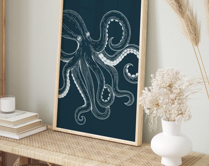 Octopus Wall Art, Navy Vintage Sea Line Drawing, Retro Coastal Nautical Decor