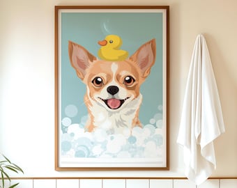 Chihuahua Bathroom Wall Decor - Funny Dog with Bubble Bath and Duck