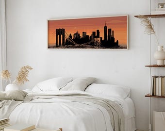 New York City Skyline Sign, Rustic White Frame, Urban Landscape Gift, Clay Coated Canvas, Black Wood Frame, Modern Wall Art Poster