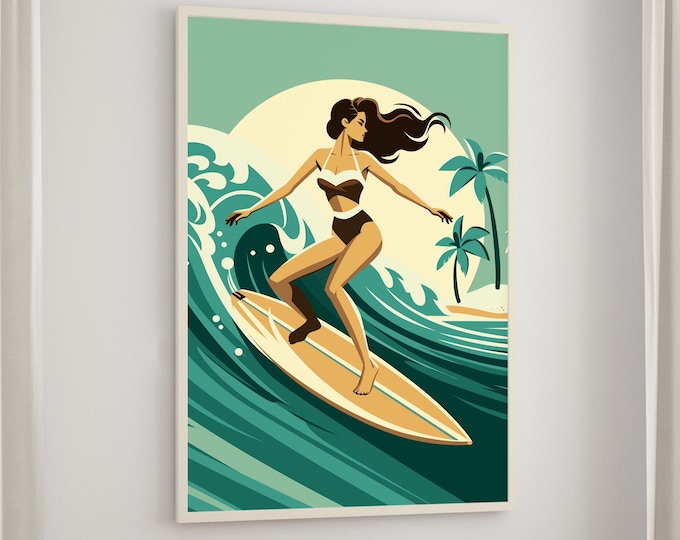 Surfing Wall Print: Vintage Green Beach House - Coastal Cabin Style