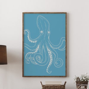 Vintage Octopus Outdoor Indoor Wall Art - Ocean Canvas Prints - Kraken Art - Smoke on Cerulean  - Gift for Octopus Lover 05