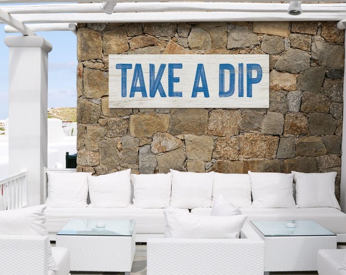 Farmhouse Wall Art, Fun Pool Signs, Gift For Hot Tub, Vintage Take A Dip Pool Sign, Blue And White Design, Faux Wood Patio Decor