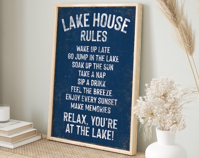 Lake House Rules Sign – Vintage Navy Blue Wall Decor for Cabin