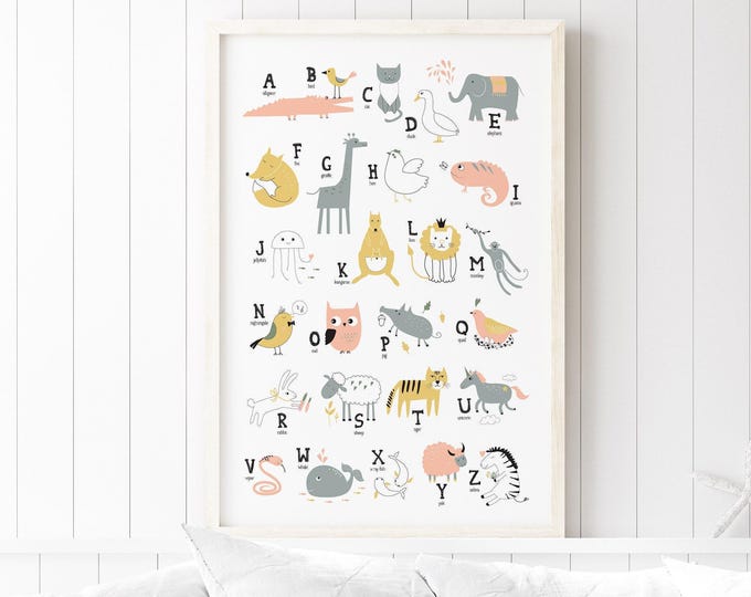 Safari Nursery, Nursery Wall Art, Gift For New Mom, Cute Alphabet Sign, Zoo Themed Canvas, Baby Room Decor, Peach And Gold Palette