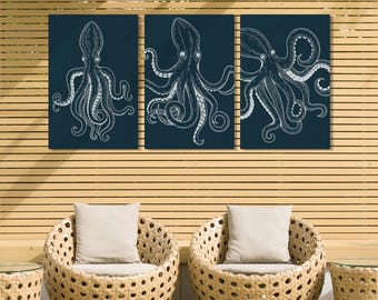 Framed Triptych Set, Octopus Set Of 3, Art For Above Bed, Large Coastal Wall Decor, Nautical Cephalopod Design, Vintage Indigo Smoke