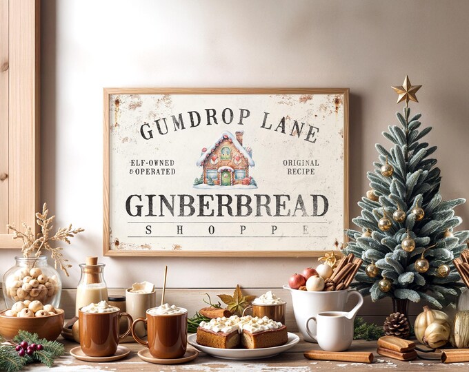 Gumdrop Lane Elf Shoppe Gingerbread Decor in Barn Red and Green on Distressed Cream