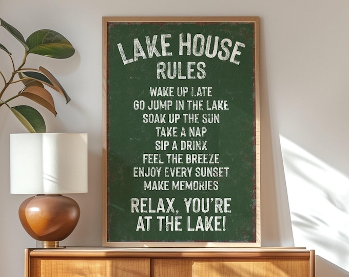 Rustic Lake House Rules Canvas in Seagrass Tones for Family Cabin