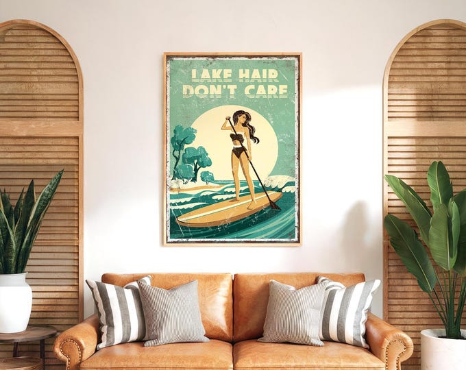Framed Paper Art, Lake Hair Dont Care Paddleboard Sign, Sage Green Wall Decor