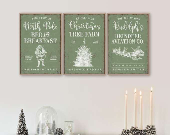 Vintage Christmas Triptych Signs - North Pole, Tree Farm, Santa Sleigh