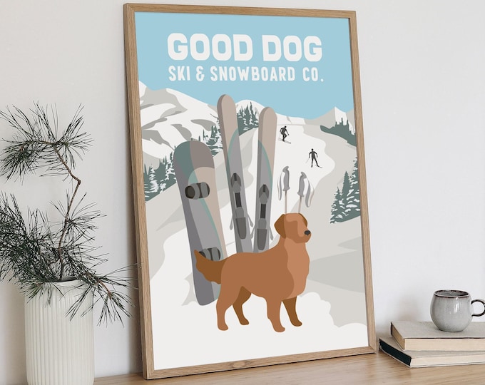 Vintage Dog Ski Poster, Retro Ski Canvas, Golden Retriever Art, Winter Wall Decor, Rustic Lodge Gift, Aluminum Print, Cozy Cabin Style