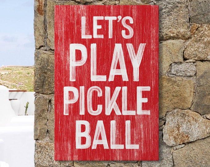 Lets Play Pickleball Poster in Real Red, Pickleball Canvas Print, Pickleball Wall Decor, Pickleball Gift Idea, Red and White Pickleball Sign