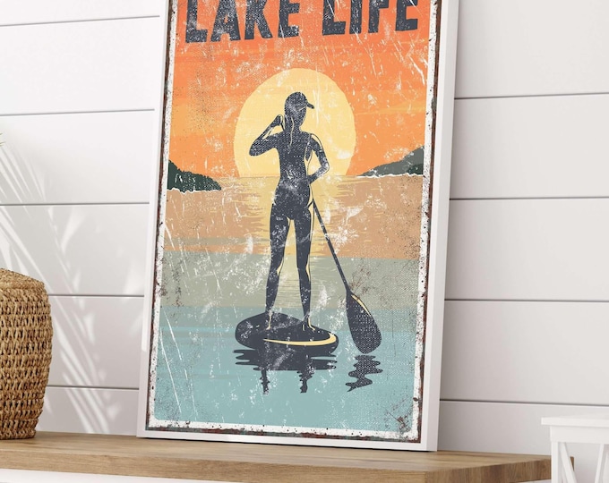 Framed Sunset Art, Paddleboard Lake Life Print for Entryway
