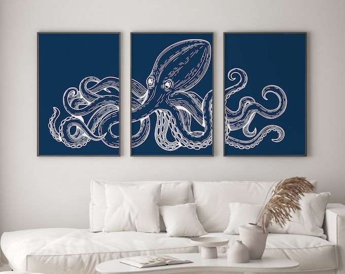 Octopus Triptych, Octopus 3 Piece Framed Set, Retro Octopus Canvas Prints, Large Ocean Wall Decor, Unique Beach Decor, White on Nautical 01