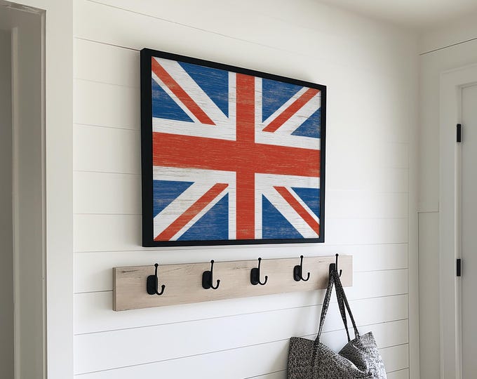 Union Jack Flag Decor, Weathered Wood Farmhouse Print for Above the Bed