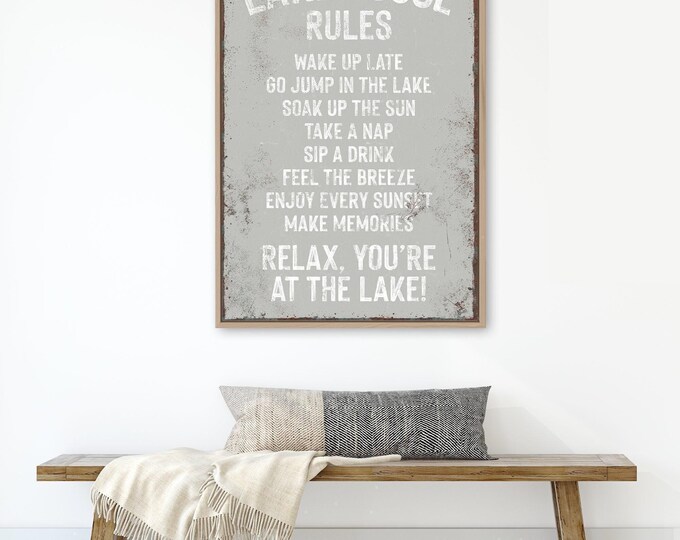 Lake Art Print, Stone Gray Lake House Rules Cabin Vintage
