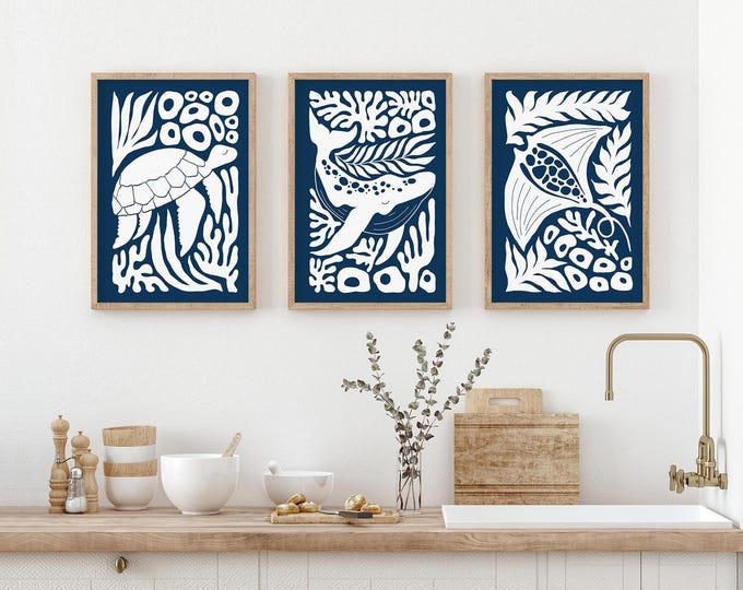 Modern Ocean Triptych, Set of 3 Oceanic Canvas Prints, Beach House Decor, Turtle Whale Stingray, White on Blue, Framed Ocean Prints • 313