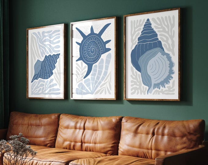 Seashell Art Set of 3 Prints, Dusty Blue Conch Spiral and Whelk Shells, Coastal Wall Decor