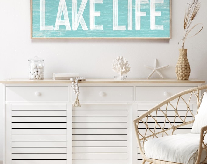 Distressed Art Print, Aqua Blue Lake Life Sign, Long Horizontal Cabin Wall Decor